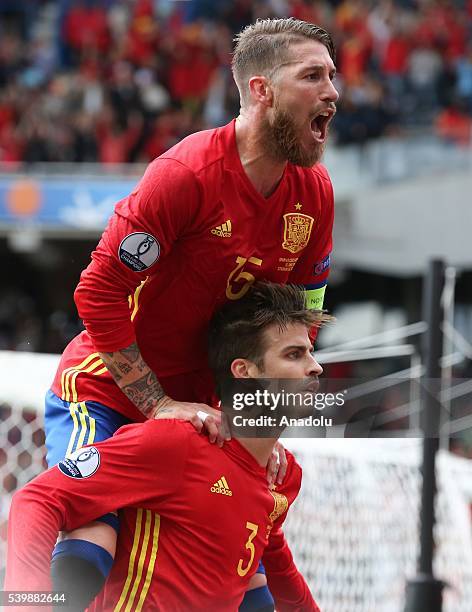 Gerard Pique and Sergio Ramos of Spain celebrate after a goal during the UEFA EURO 2016 Group D match between Spain and Czech Republic in Toulouse,...