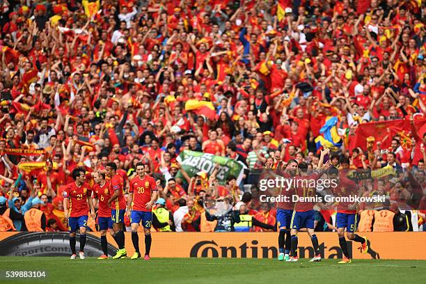 Spain players celebrate their first goal in front of their supporters during the UEFA EURO 2016 Group D match between Spain and Czech Republic at...