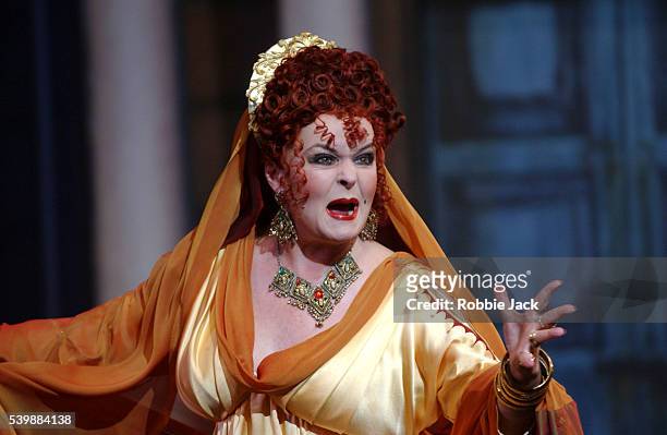 Isla Blair in a production of A Funny Thing Happened on the Way to the Forum by Stephen Sondheim at the Royal National Theatre in London.