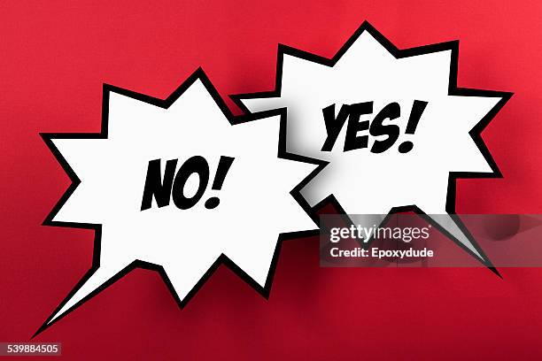 contrasting speech bubbles against red background - yes single word stock pictures, royalty-free photos & images