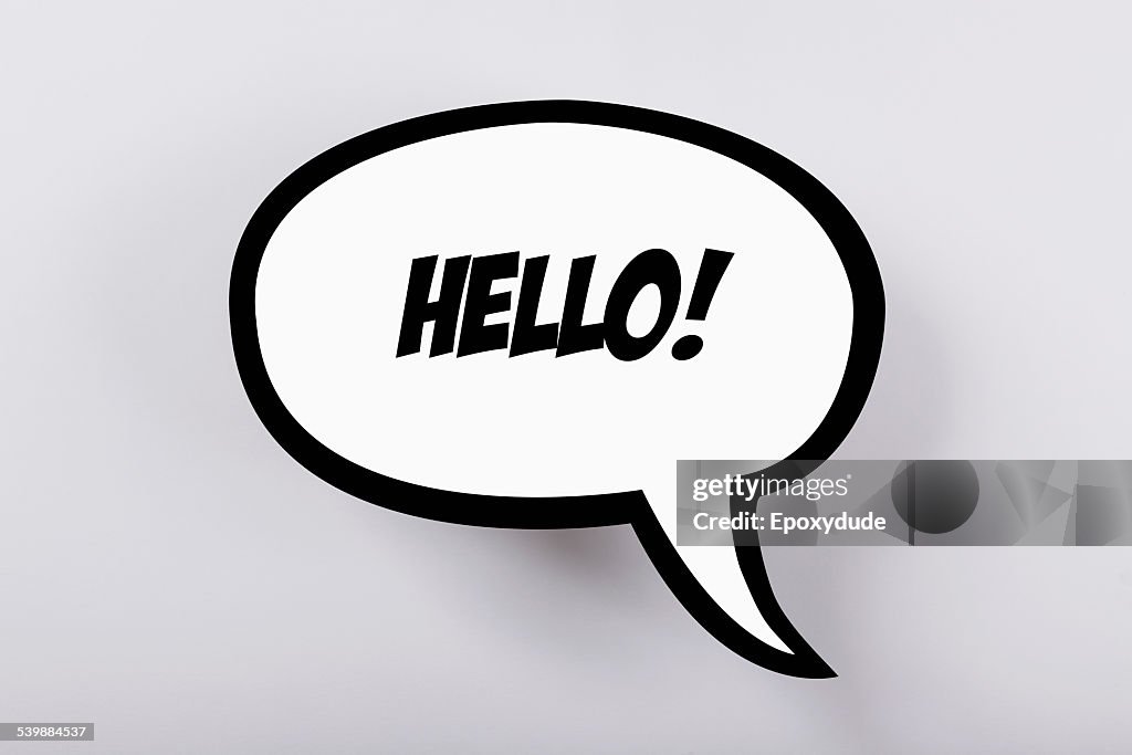 Hello! speech bubble against gray background