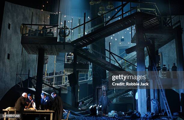 royal opera production of the greek passion - opera london stock pictures, royalty-free photos & images