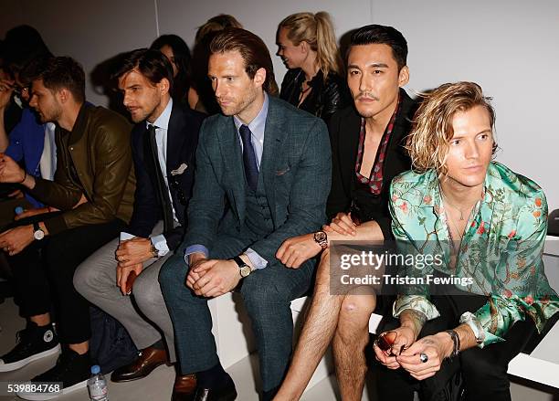 Craig McGinlay, Hun Bing and Dougie Poynter attend the Songzio show during The London Collections Men SS17 at BFC Show Space on June 13, 2016 in...
