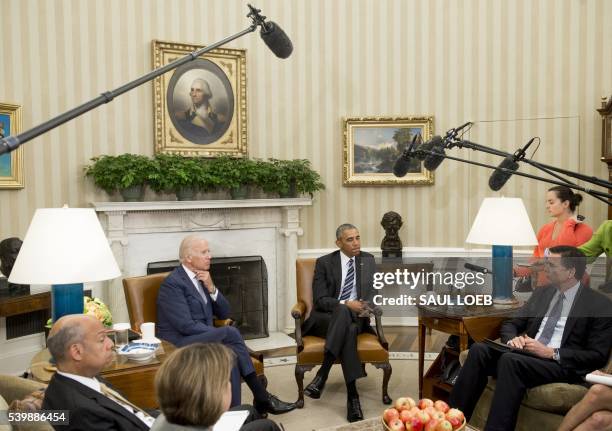 President Barack Obama speaks about the investigation into the mass shooting in Orlando, Florida during a meeting with top officials, including US...