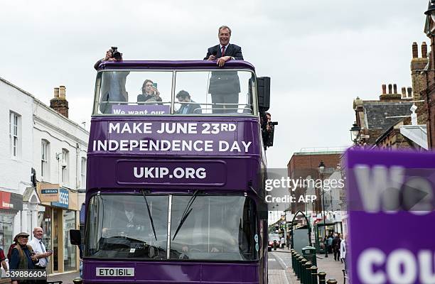 Independence Party leader Nigel Farage leader campaigns for Brexit in Sittingbourne on June 13, 2016. Britain's opposition Labour Party today...