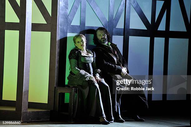 Rachel Nicholls as Eva Pogner and Gwyn Hughes Jones as Walter von Stolzing in English National Opera's production of Richard Wagner's The...