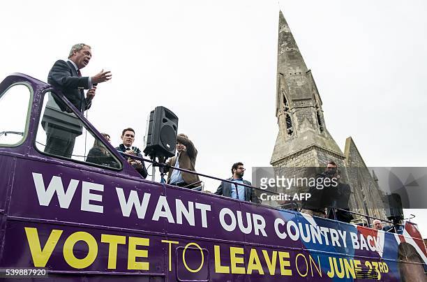 Independence Party leader Nigel Farage campaigns for Brexit in Sittingbourne on June 13, 2016. Britain's opposition Labour Party today scrambled to...