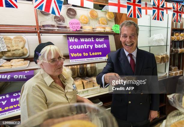 Independence Party leader Nigel Farage poses behind the counter of a bakery in Sittingbourne as he campaigns for Brexit on June 13, 2016. Britain's...
