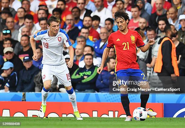 Spain's David Silva under pressure from Czech Republic's Josef Sural during the UEFA Euro 2016 Group E match between Republic of Ireland and Sweden...