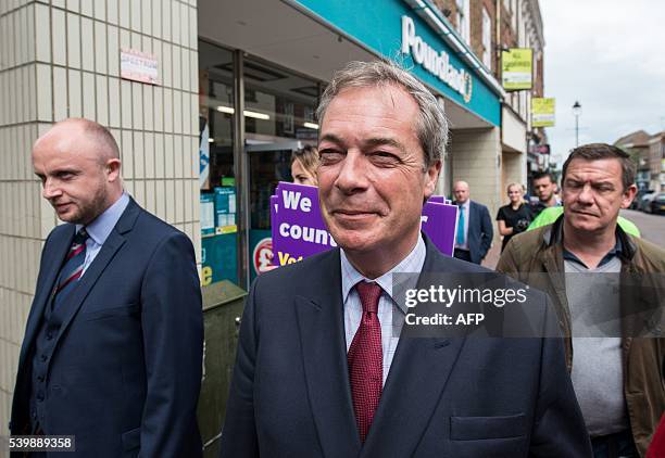 Independence Party leader Nigel Farage visits Sittingbourne as he campaigns for Brexit on June 13, 2016. Britain's opposition Labour Party today...