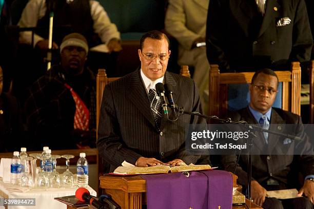 Nation of Islam leader Louis Farrakhan speaking at the funeral services for Stanley "Tookie" Williams at Bethel A.M.E. Church in South Central Los...