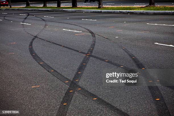 Skid marks near the crash scene, where Charles David Lewis Jr. Co-founder of the TapouT clothing line, died, in Irvine. According to media reports...