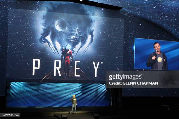 President and Co-Creative Director of Arkane Studios, Raphael Colantonio, unveils a new Prey video game at a Bethesda Softworks press event on June...