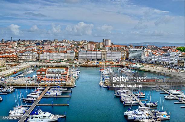 aerial view of the port of la coruna and la marina - corunna stock pictures, royalty-free photos & images