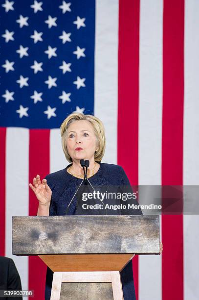 Democratic presidential candidate Hillary Clinton speaks to supporters at the Cleveland Industrial Innovation Center on June 13, 2016 in Cleveland,...