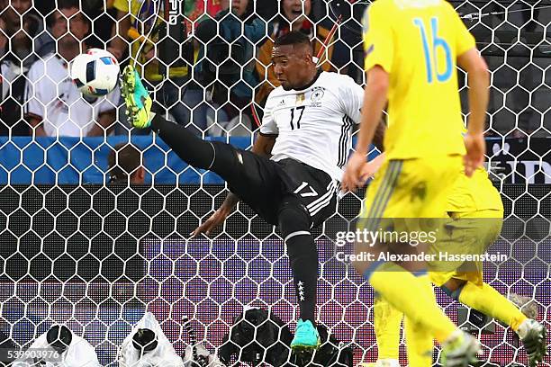 Jerome Boateng of Germany clears the ball off the goal line during the UEFA EURO 2016 Group C match between Germany and Ukraine at Stade...