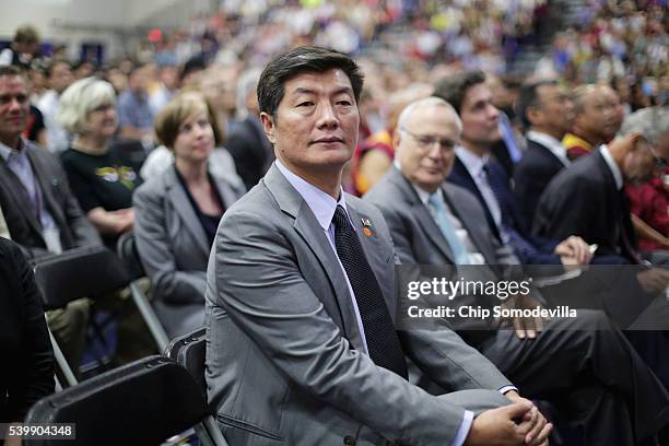 Lobsang Sangay, the Sikyong of the Tibetan Government-in-Exile, attends an event with the Dalai Lama at the Bender Arena on the campus of American...