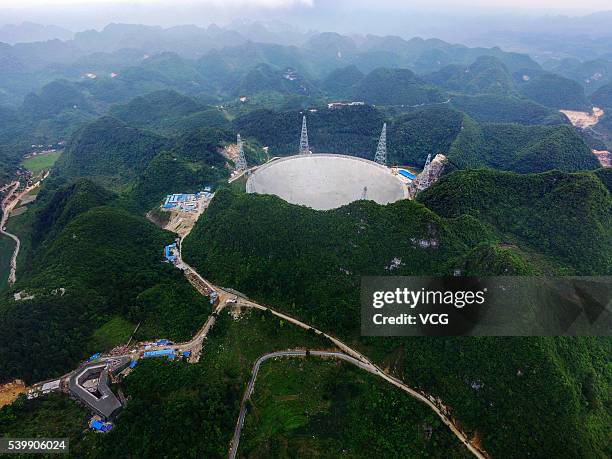 An aerial view of the Five hundred meter Aperture Spherical Telescope on June 10, 2016 in Qiannan Buyei and Miao Autonomous Prefecture, China. After...