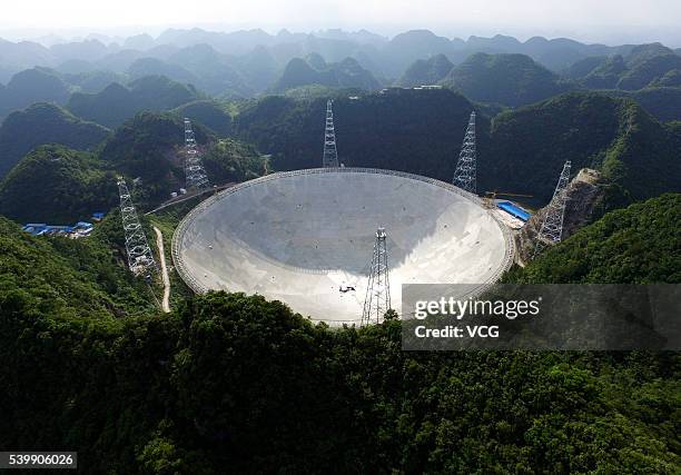 An aerial view of the Five hundred meter Aperture Spherical Telescope on June 10, 2016 in Qiannan Buyei and Miao Autonomous Prefecture, China. After...