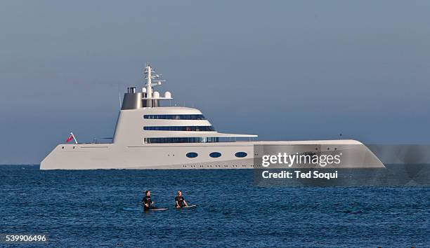 The 300 Million dollar "A" yacht designed by Philippe Starck and owned by Russian billionaire Andrey Melnichenko is anchored off California's Malibu...