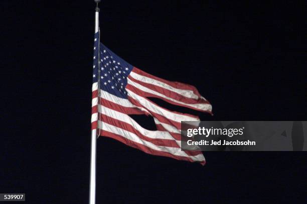 Flag flown over center field was recoverd from ground zero of the September 11th World Trade Center attack during game 3 of the World Series between...