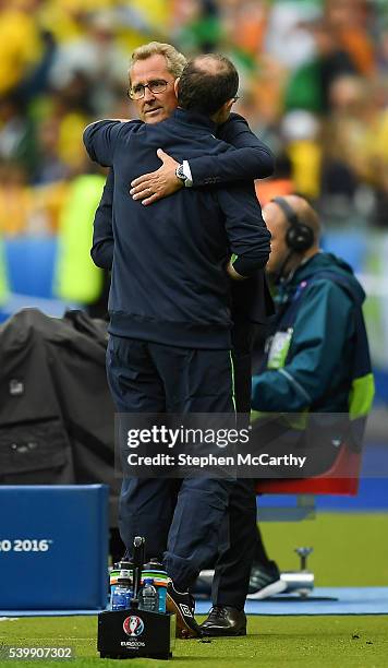 Paris , France - 13 June 2016; Republic of Ireland manager Martin O'Neill, left, and Sweden manager Erik Hamrén embrace after the UEFA Euro 2016...
