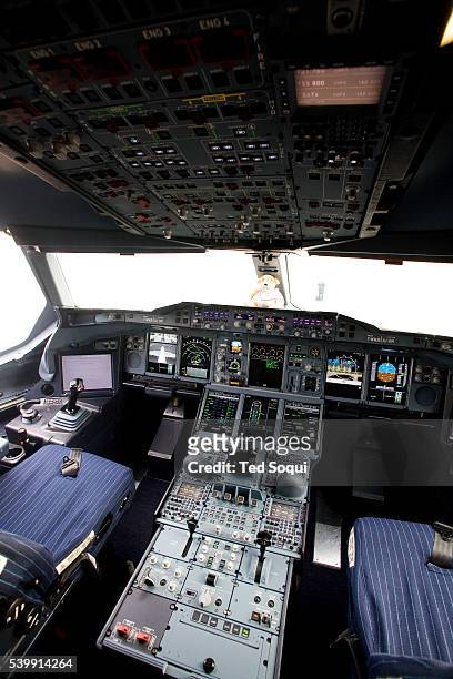 Inside the cockpit area of the A380, the world's largest passenger airliner, at Los Angles International Airport. The French made Airbus A380 has a...