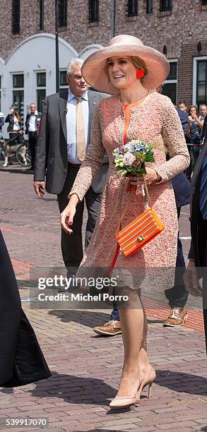 Queen Maxima of The Netherlands arrives at a sports field during her regional tour of north west Friesland province on June 13, 2016 in Franeker,...