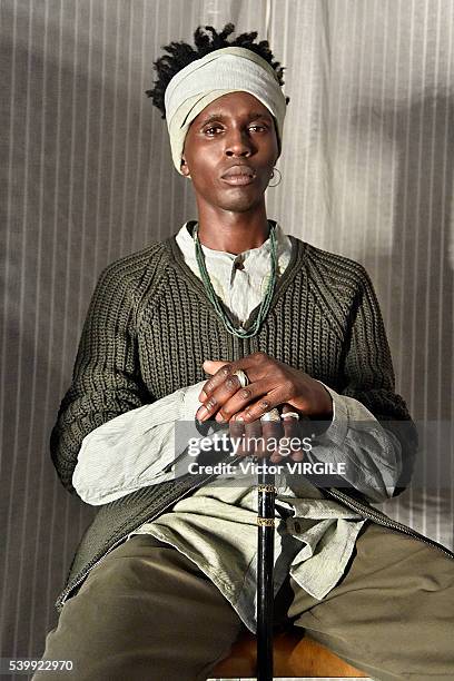 Model poses at the YMC during The London Collections Men SS17 on June 11, 2016 in London, England.