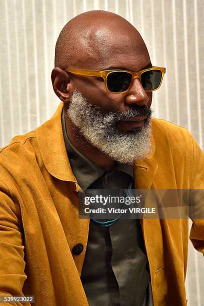 Model poses at the YMC during The London Collections Men SS17 on June 11, 2016 in London, England.