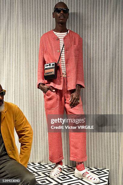 Model poses at the YMC during The London Collections Men SS17 on June 11, 2016 in London, England.