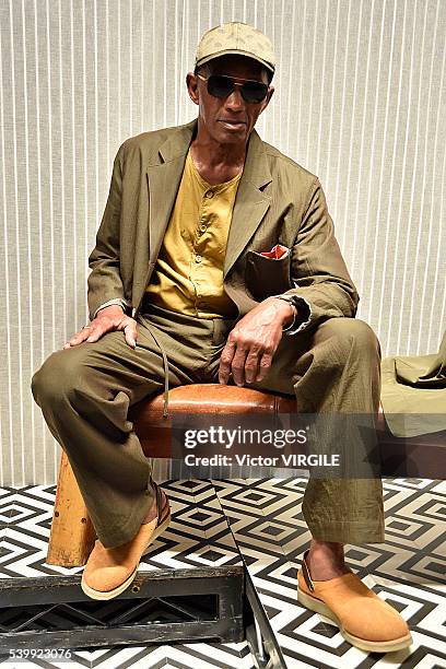 Model poses at the YMC during The London Collections Men SS17 on June 11, 2016 in London, England.