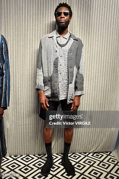 Model poses at the YMC during The London Collections Men SS17 on June 11, 2016 in London, England.