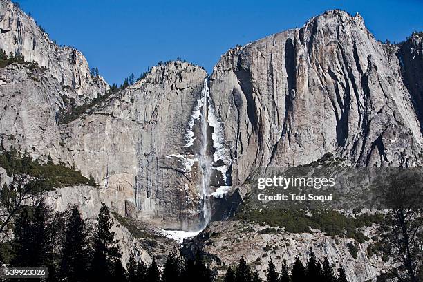 Winter scenes in Yosemite Valley located in the Yosemite National Park. Upper Yosemite Fall with winter ice.