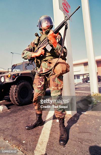 National Guard soldier in front of a Ralph's Grocery Store on Crenshaw Ave in South Central Los Angeles Los Angeles has undergone several days of...