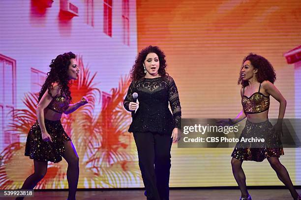 Gloria Estefan and the cast of On Your Feet! The Story of Emillio and Gloria Estefan at THE 70TH ANNUAL TONY AWARDS, live from the Beacon Theatre in...