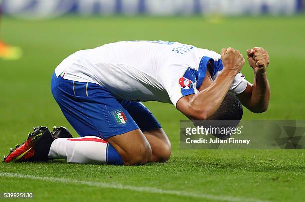 Graziano Pelle of Italy reacts after his shot saved during the UEFA EURO 2016 Group E match between Belgium and Italy at Stade des Lumieres on June...