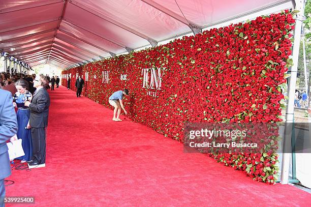 View of the red carpet rose background at the 70th Annual Tony Awards - Arrivals at Beacon Theatre on June 12, 2016 in New York City.