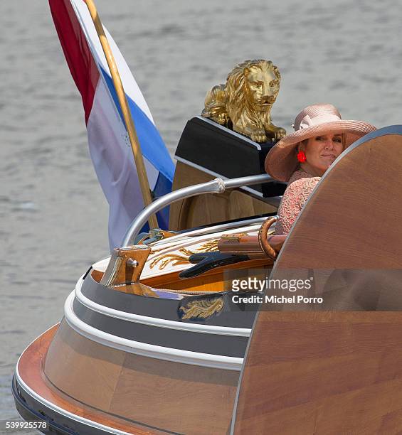 Queen Maxima of The Netherlands makes a boat tour on the yacht 'Friso' during their regional tour of north west Friesland province on June 13, 2016...