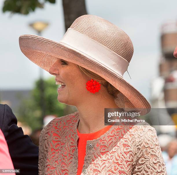 Queen Maxima of The Netherlands arrives at a sports field during her regional tour of north west Friesland province on June 13, 2016 in Franeker,...