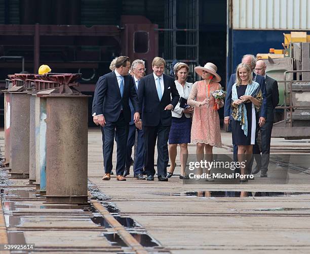 King Willem-Alexander and Queen Maxima of The Netherlands visit the Theda Bodewes Harlingen Shipyard during their regional tour of north west...