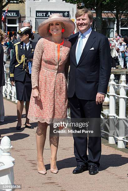 King Willem-Alexander and Queen Maxima of The Netherlands visit the harbour during their regional tour of north west Friesland province on June 13,...