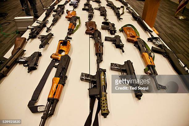Gun buy-back program in Los Angeles press conference at LAPD headquarters. LA Mayor Antonio Villaraigosa and LAPD Chief Charlie Beck announced that...
