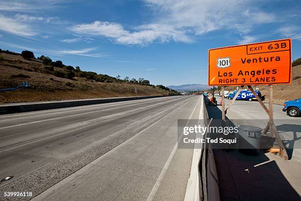 Carmageddon 2 in Los Angeles. Construction crews demolish the Mulholland Bridge over the 405 freeway. The 405 had to be shut down for two days to...