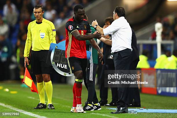 Romelu Lukaku of Belgium shakes hands with manager Marc Wilmots after substituted during the UEFA EURO 2016 Group E match between Belgium and Italy...