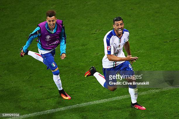 Graziano Pelle of Italy celebrates scoring his team's second goal with his team mate Stephan El Shaarawy during the UEFA EURO 2016 Group E match...