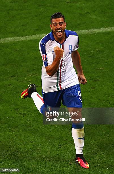 Graziano Pelle of Italy celebrates scoring his team's second goal during the UEFA EURO 2016 Group E match between Belgium and Italy at Stade des...