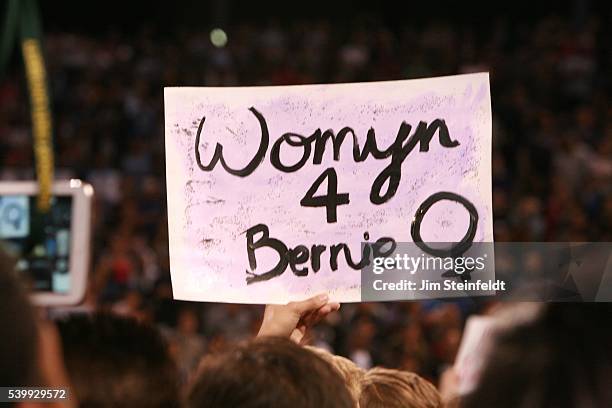 Campaign signs at Bernie Sanders rally at California Sate University, Dominquez Hills in Carson, California on May 17, 2016.