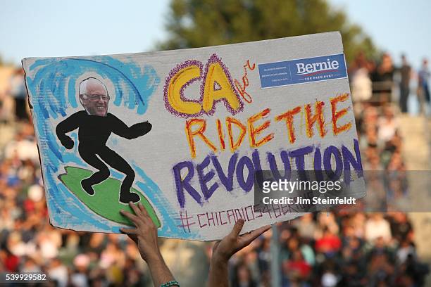 Campaign signs at Bernie Sanders rally at California Sate University, Dominquez Hills in Carson, California on May 17, 2016.