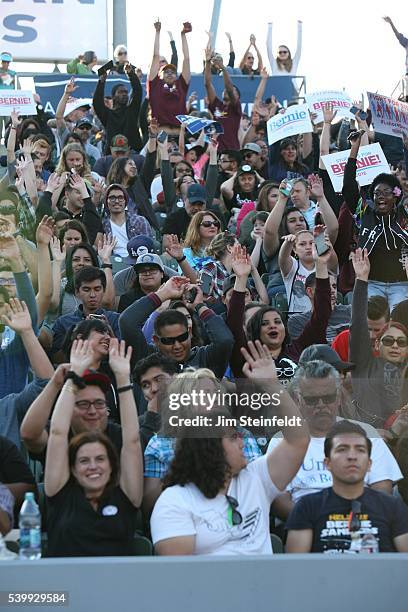 Campaign supporters do the wave at Bernie Sanders rally at California Sate University, Dominquez Hills in Carson, California on May 17, 2016.